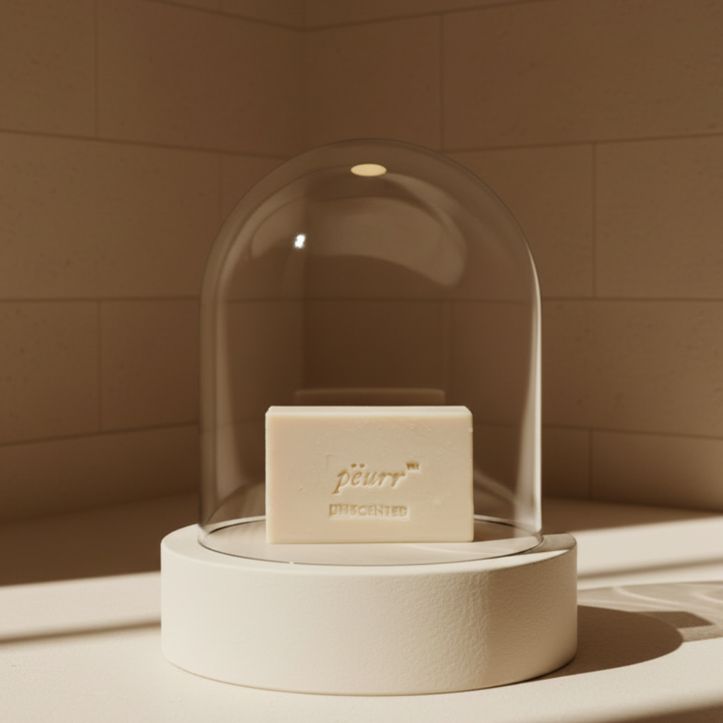 Close-up museum display of PËURR® Unscented Goat Milk & Olive Oil Soap