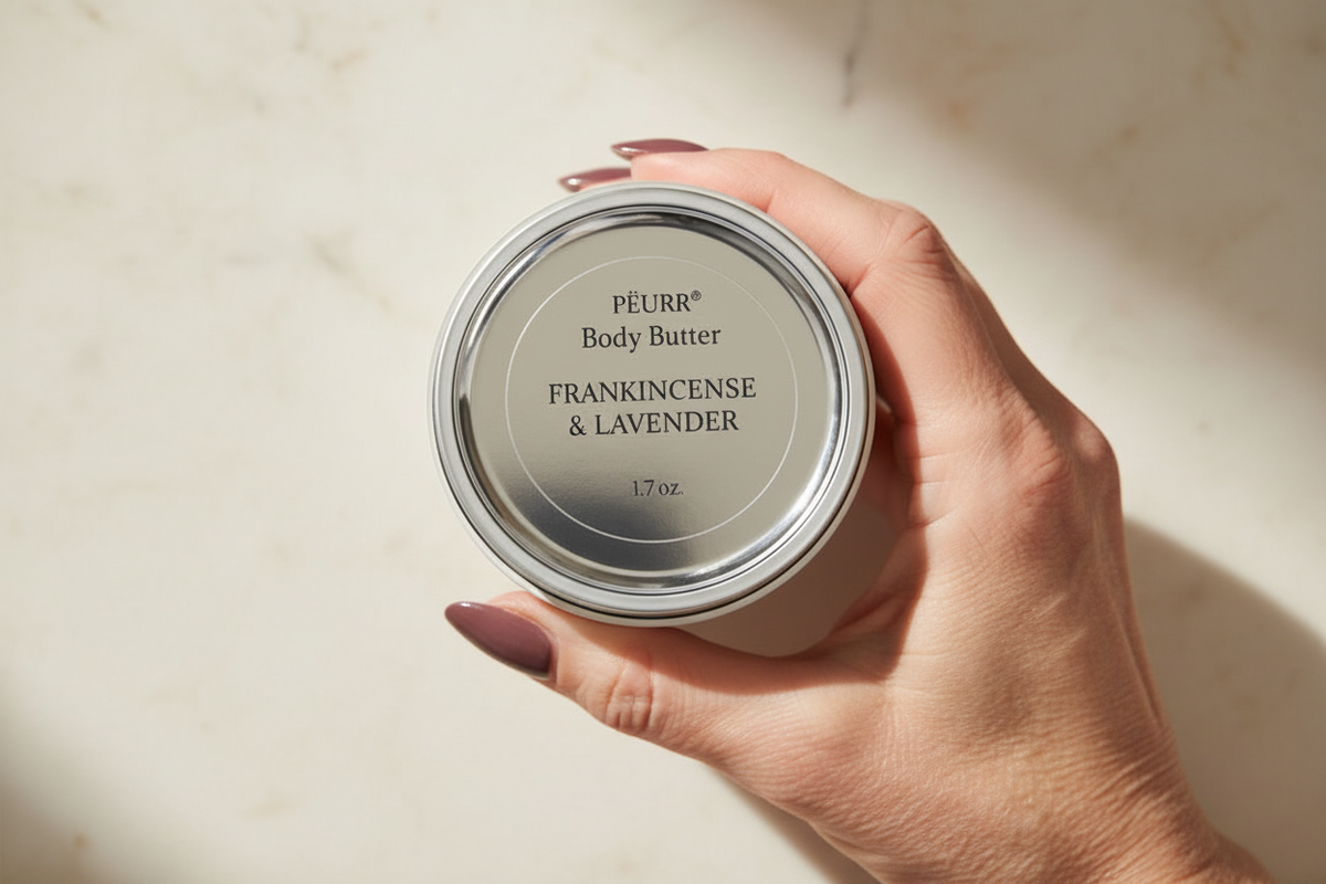 PËURR® Frankincense & Lavender Body Butter held by an older woman with long berry-plum nails against warm marble