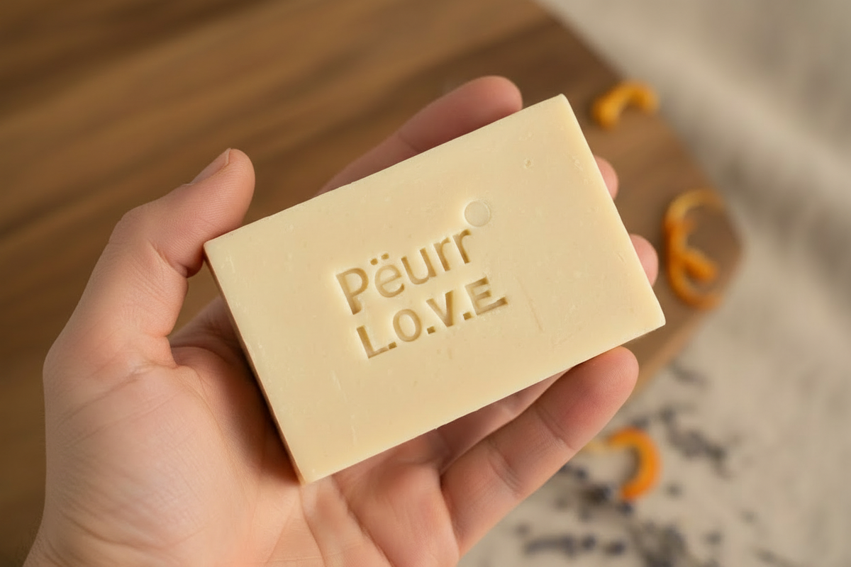 PËURR® soap in hand with a subtle visible registered mark