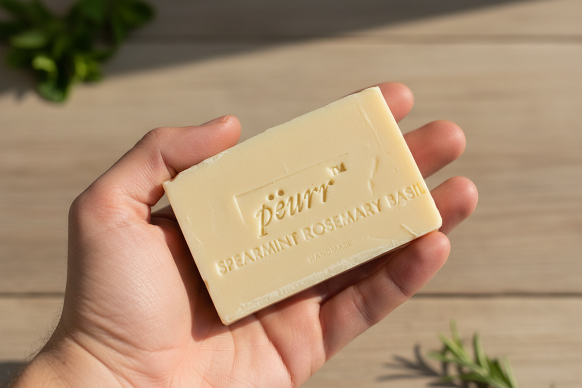 PËURR® Spearmint, Rosemary & Basil soap held naturally in a hand
