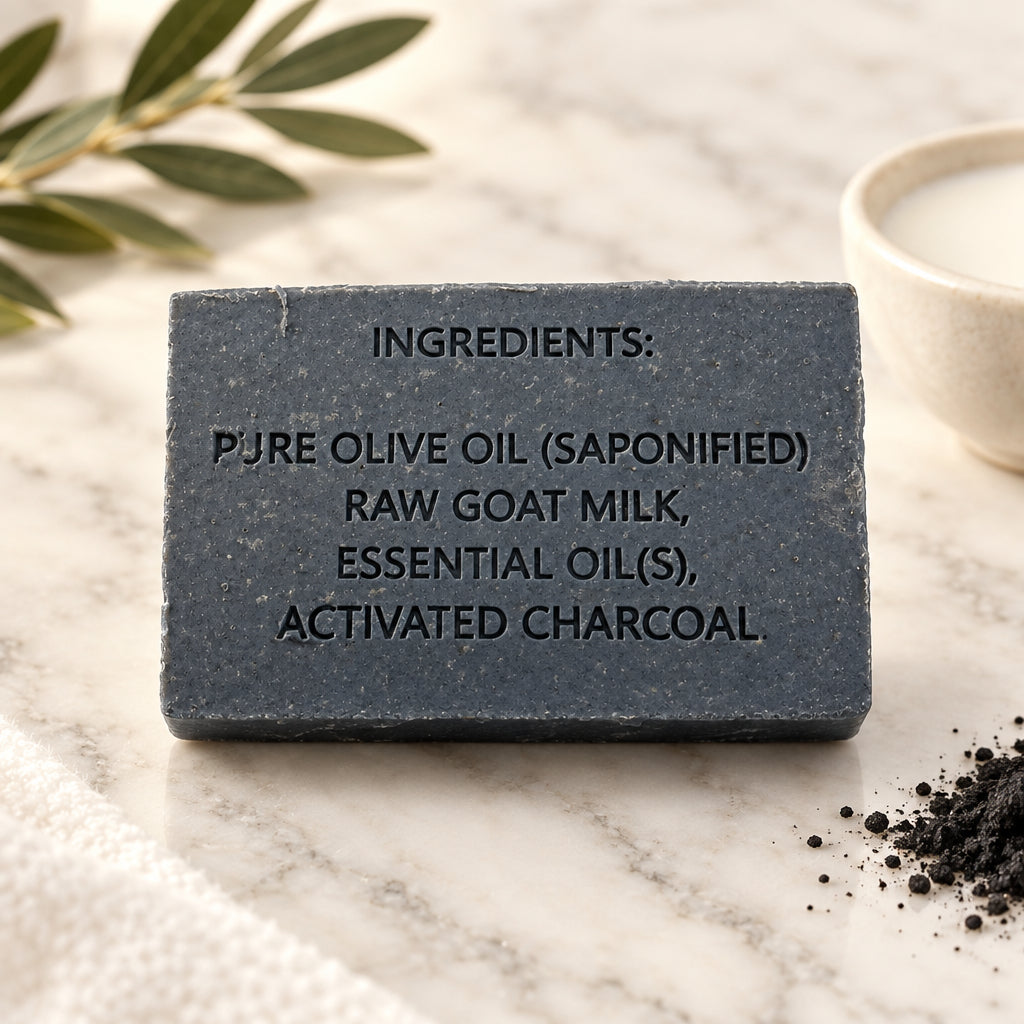 Rectangle bar of black soap with the ingredients embossed on it and set on a marble surface.