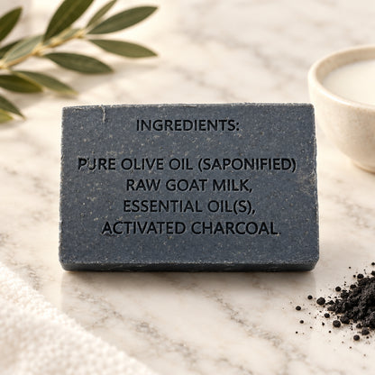 Rectangle bar of black soap with the ingredients embossed on it and set on a marble surface.