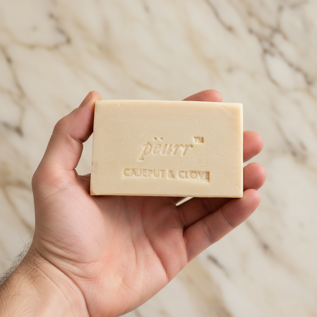 Cajeput & Clove soap held in a man’s hand against warm marble