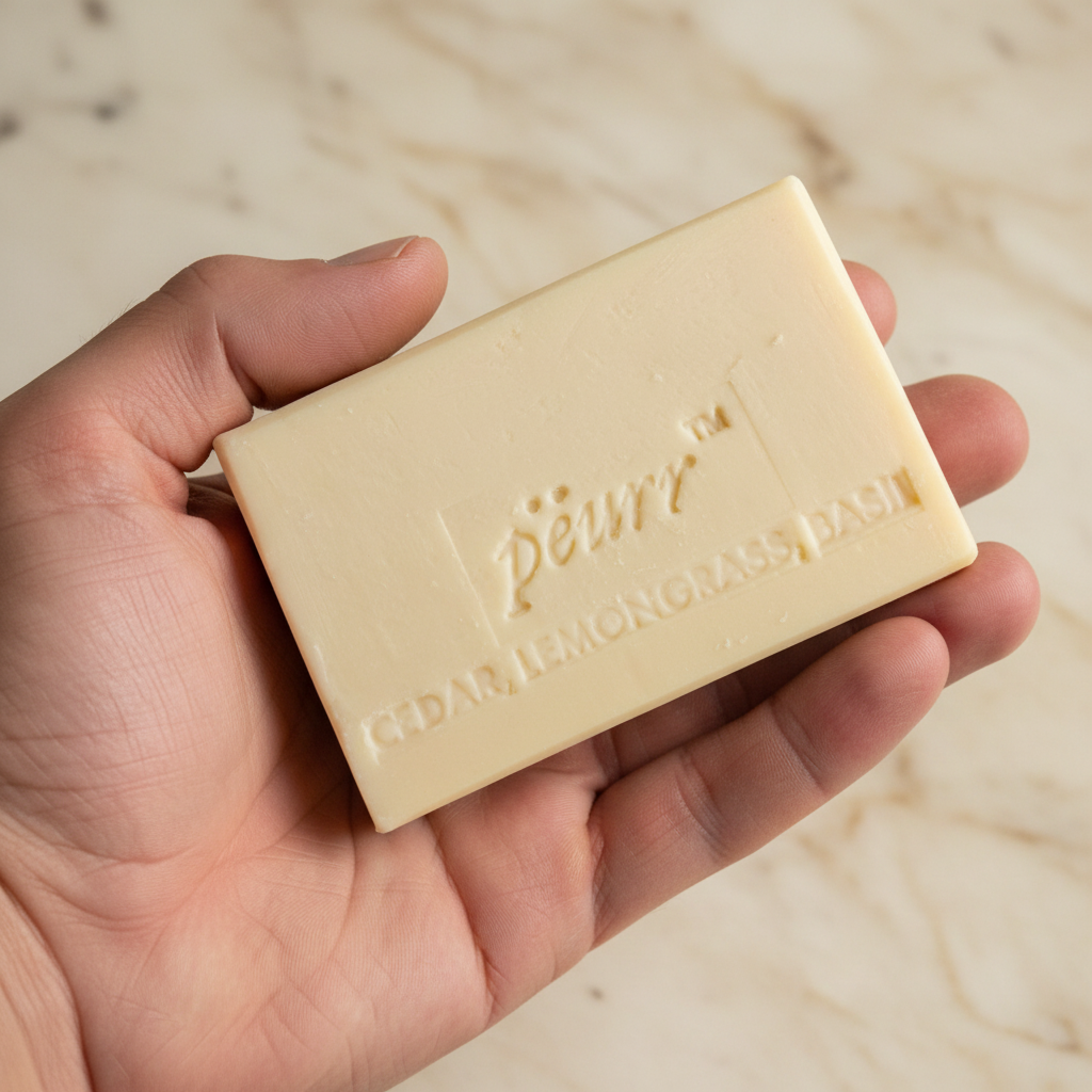 Cedarwood, Lemongrass & Basil soap held in a man’s hand against warm marble