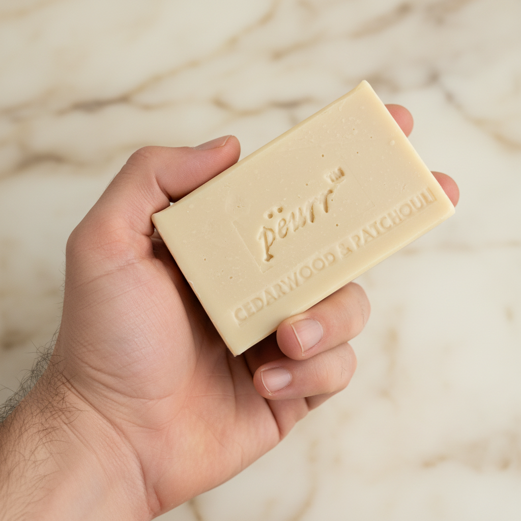 Cedarwood & Patchouli soap held in a man’s hand against warm marble