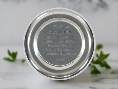 Bottom of Peurr body butter tin showing ingredients