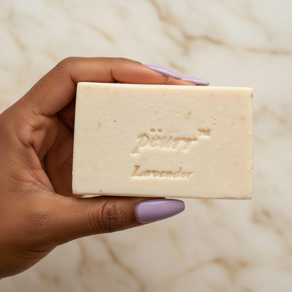 Lavender soap held by a woman of color with long lavender nails