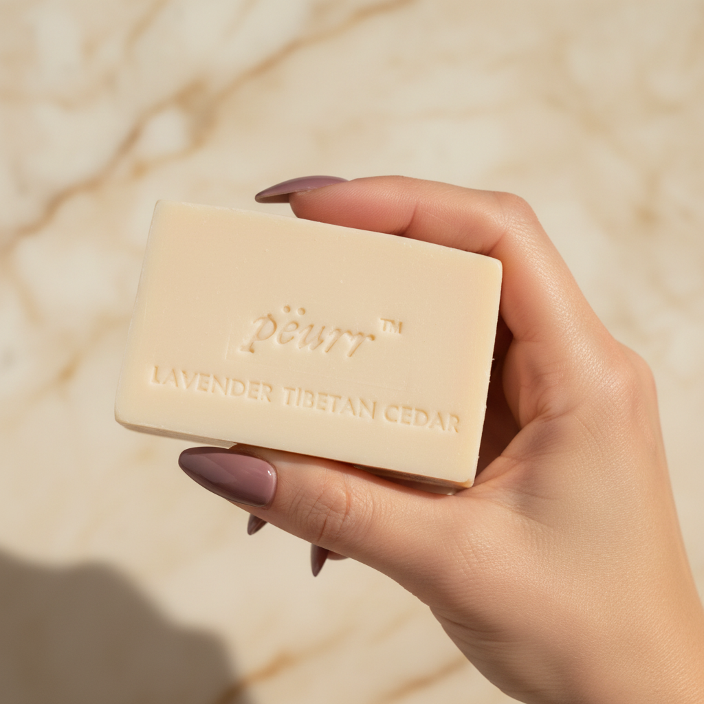 Lavender & Tibetan Cedar soap held by a woman with extra-long berry-plum nails