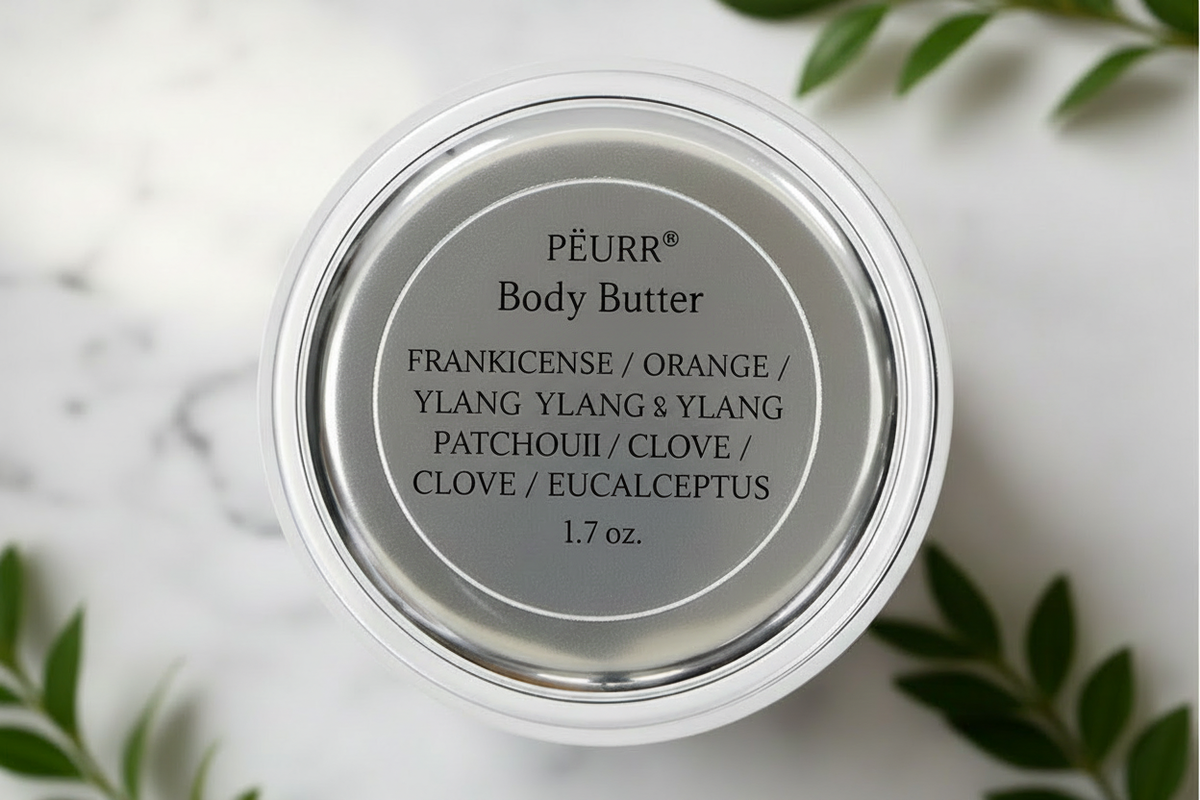 PËURR® body butter with black label text

