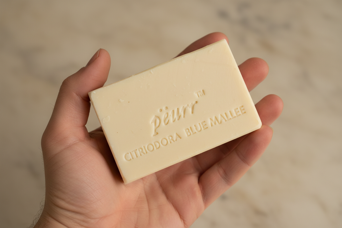 PËURR® Citriodora & Blue Mallee soap held naturally in a hand against warm marble