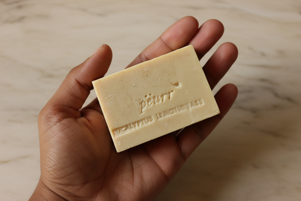 PËURR® Eucalyptus & Lemongrass soap held naturally in a hand against warm marble
