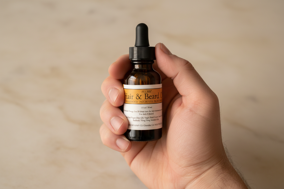 PËURR® Orange Label Hair & Beard Oil held in a man’s hand against warm marble