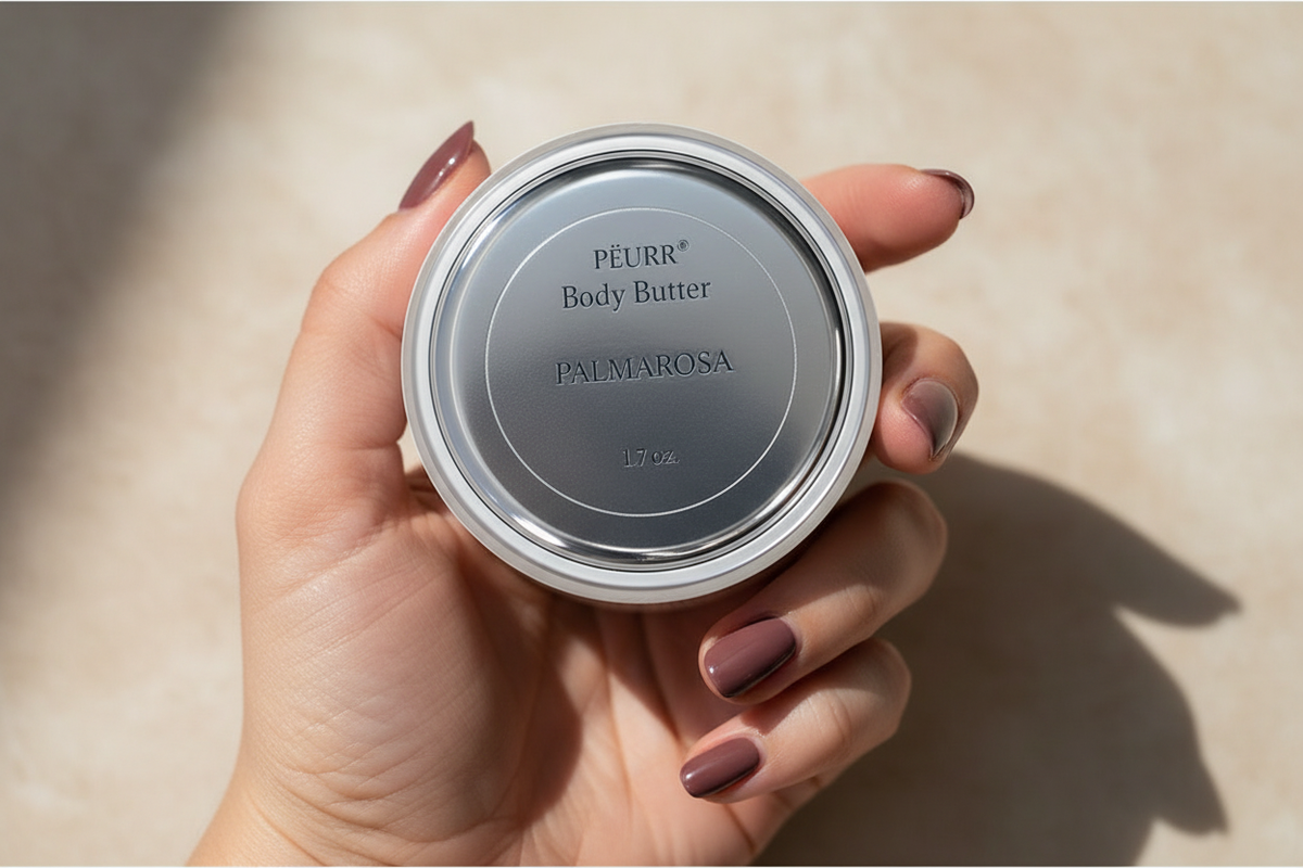 PËURR® Palmarosa Body Butter held by a woman with long berry-plum nails against warm marble