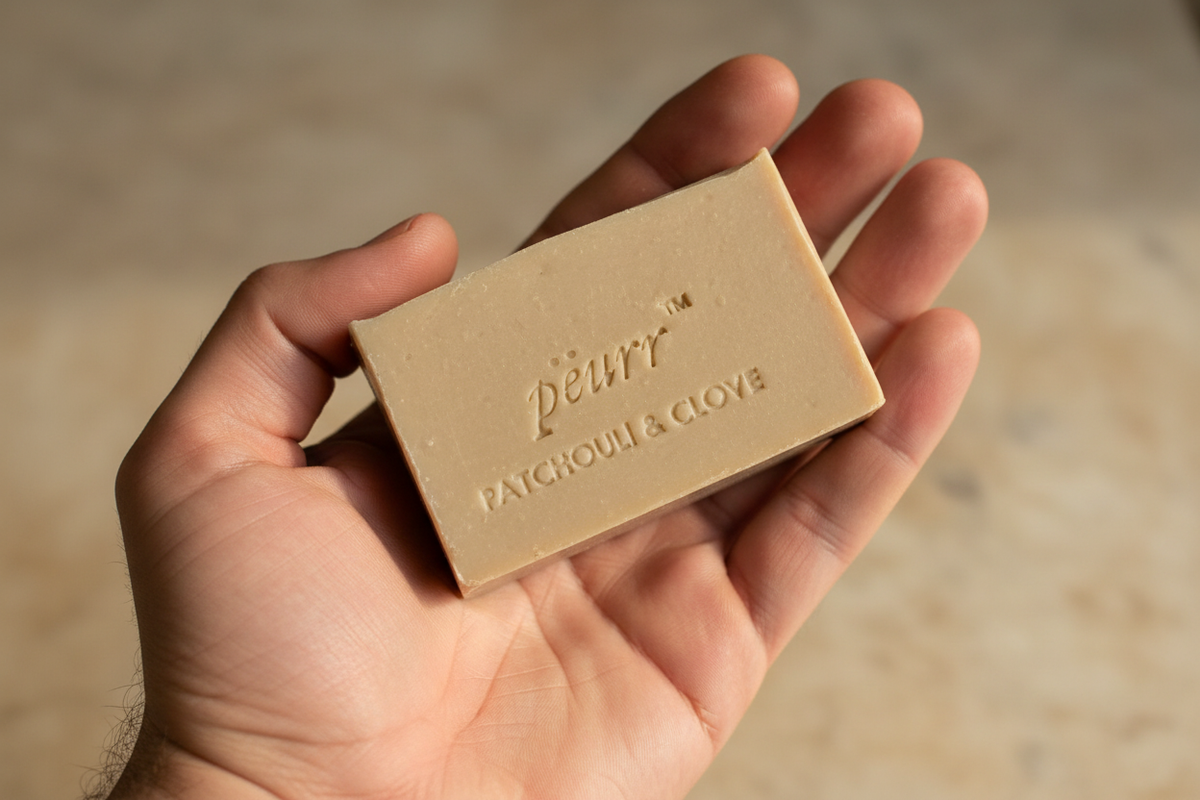 PËURR® Patchouli & Clove soap held in a man’s hand against warm marble