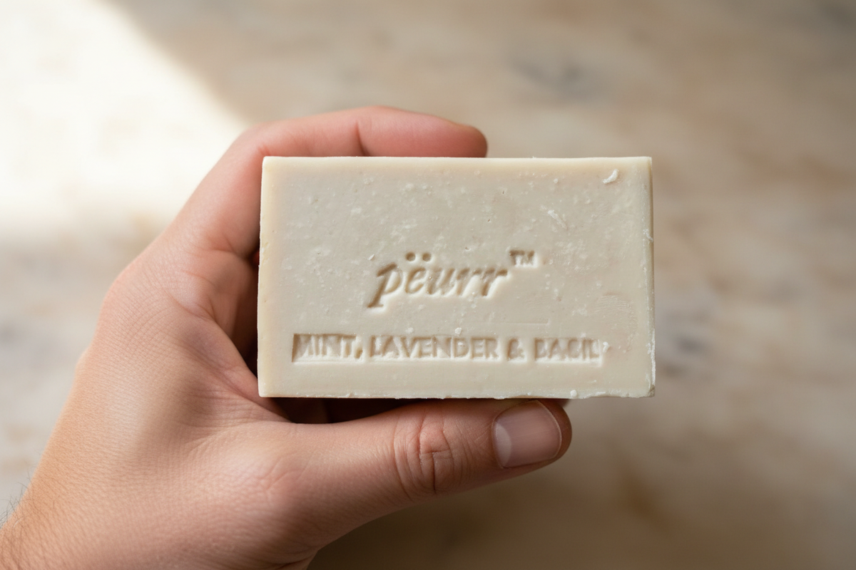 PËURR® Peppermint, Lavender & Basil soap held in a man’s hand against warm marble