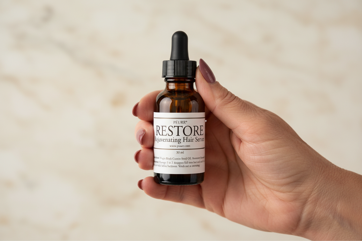 PËURR® RESTORE Hair Serum held by an older woman with long painted nails