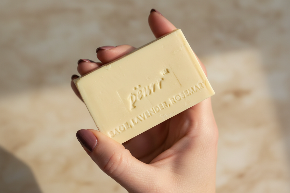 PËURR® Sage, Lavender & Rosemary soap held by a woman with long berry-plum nails against warm marble