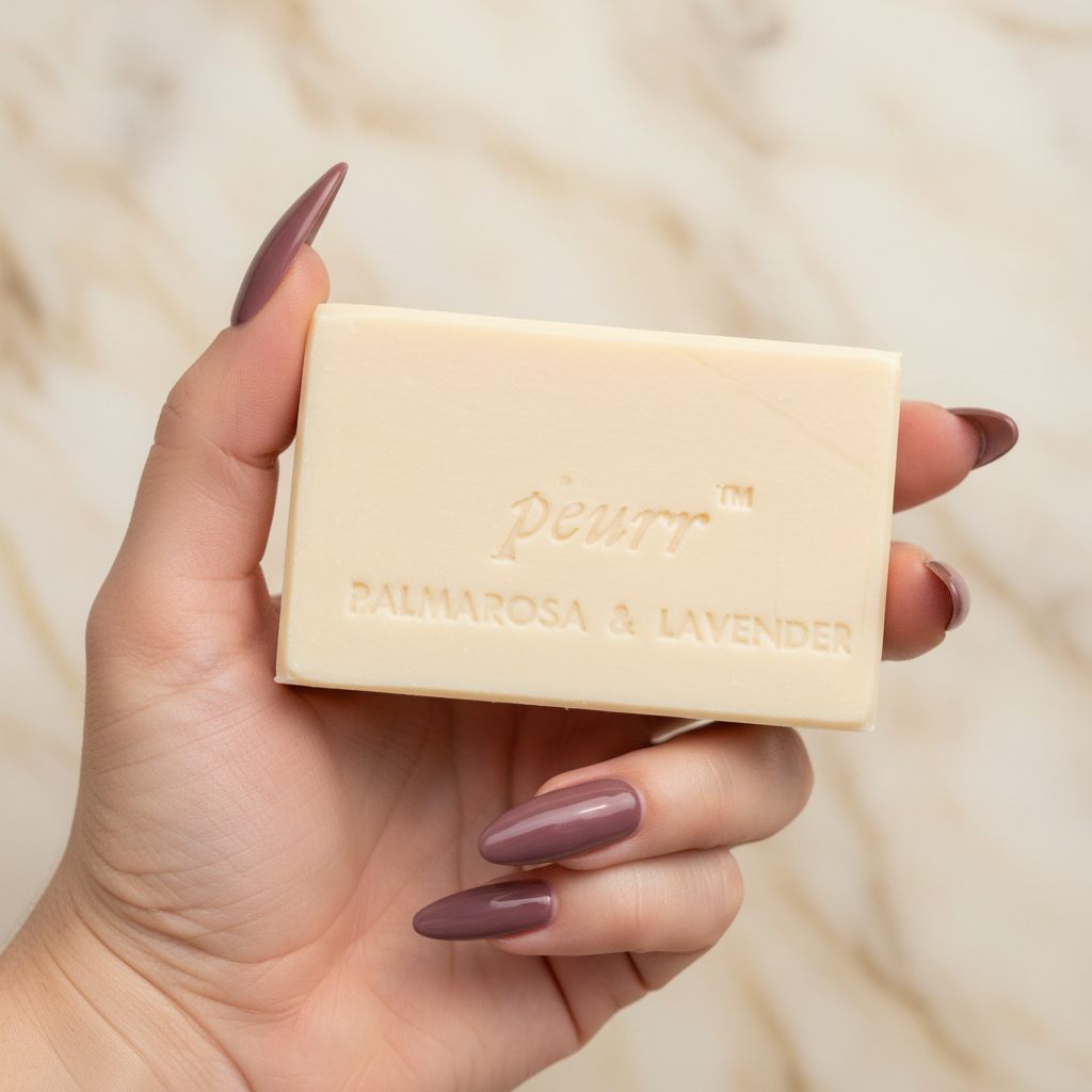 Palmarosa & Lavender soap held by a woman with extra-long berry-plum nails