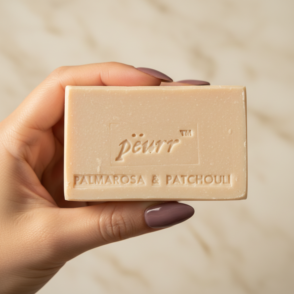 Palmarosa & Patchouli soap held by a woman with long berry-plum nails