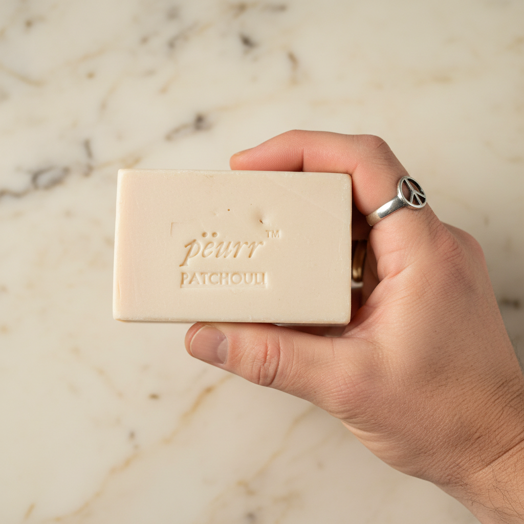 Patchouli soap held in a man’s hand wearing a silver peace-sign ring