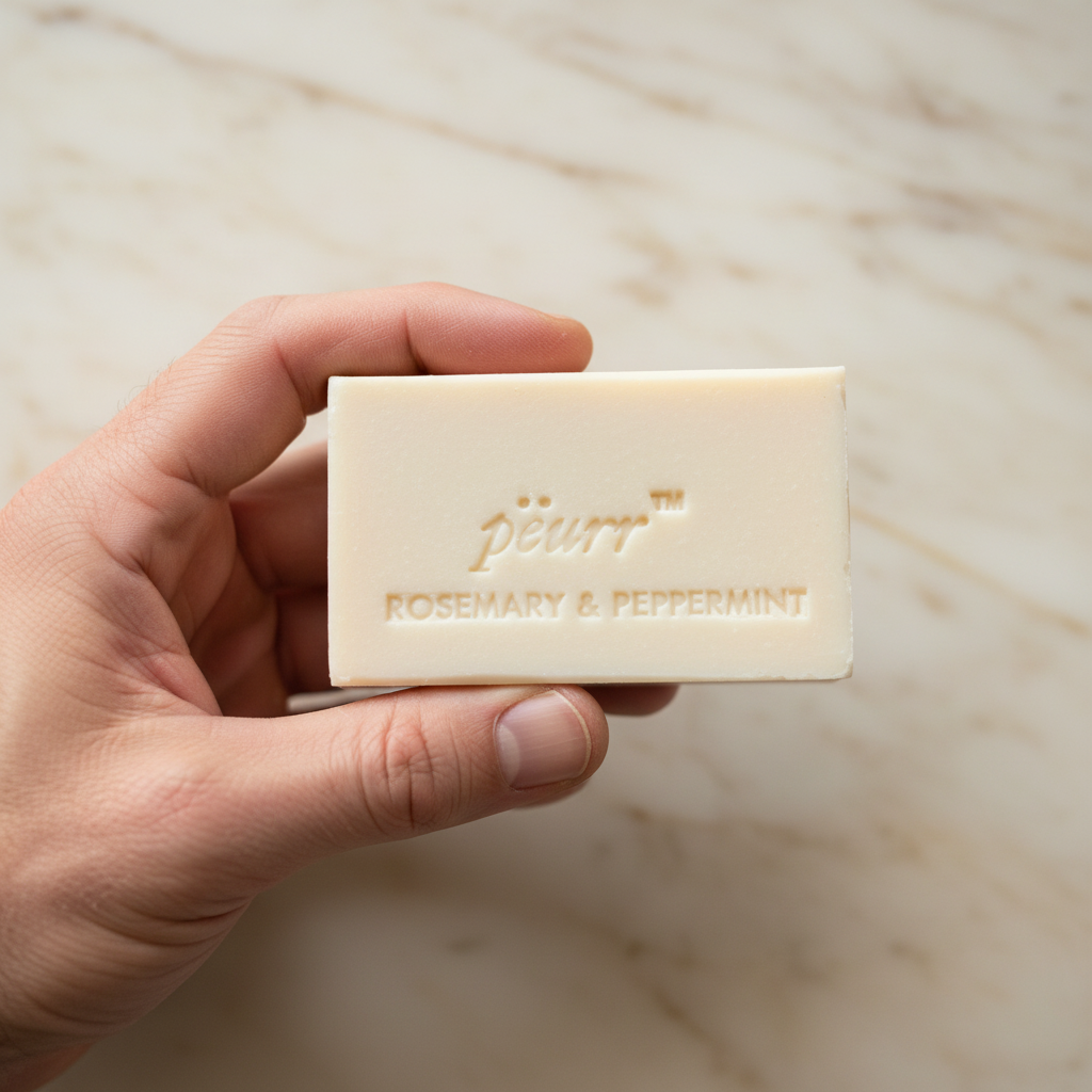 Rosemary & Peppermint soap held in a man’s hand against warm marble