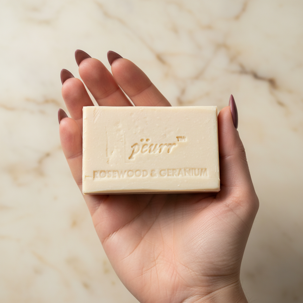 Rosewood & Geranium soap held by a woman with long berry-plum nails against warm marble