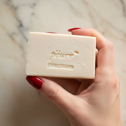 Unscented soap held by a woman with long glossy red nails