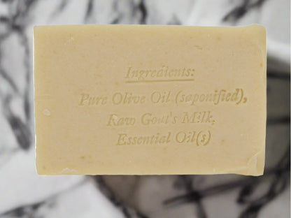 back side of soap showing ingredients list stamped into soap